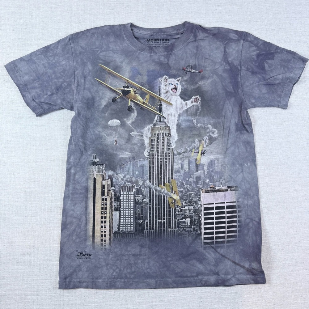 The Mountain Gray Tie Dye Giant Cat Empire State Building Graphic T-Shirt Small